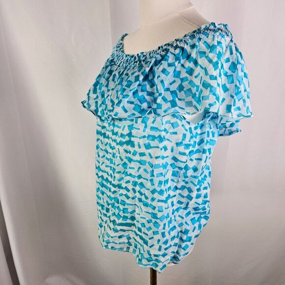 Michael Kors Blue Patterned Off-Shoulder Top Medium Cotton Silk Blend - Picture 4 of 9